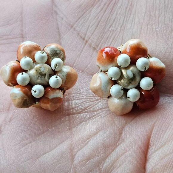 Jewelry - Vintage Clip On Earrings Orange Beads Gold Tone Round Stud Earrings Jewelry